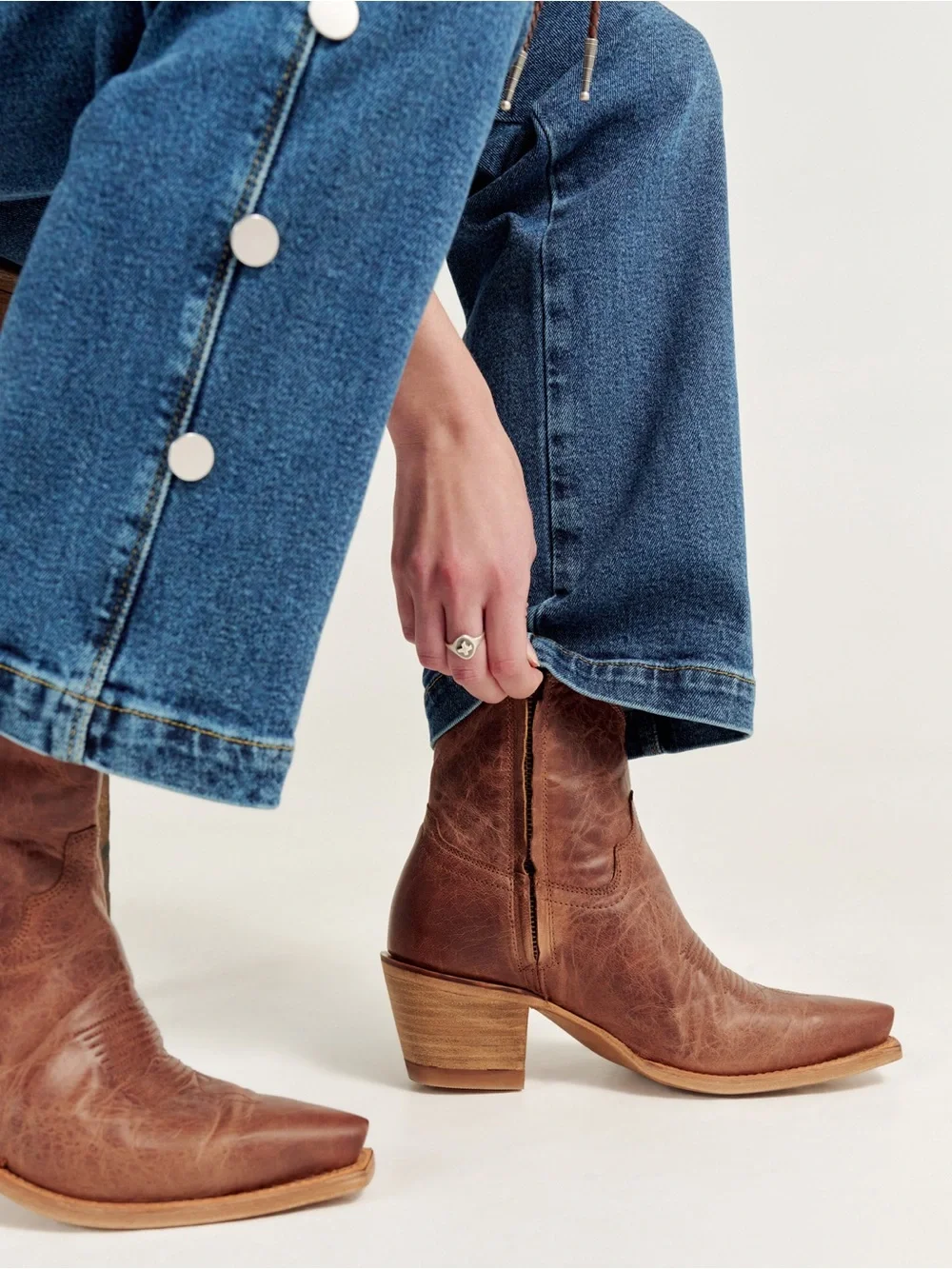 Women's Tevovas Brown Leather Western Booties - Classic Low Heel - Picture 4 of 9